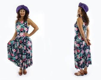90s Floral Cotton Midi Dress, Sleeveless Cottagecore Full Skirt, Size Small