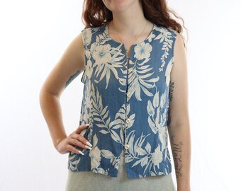 Silk Hawaiian Blouse, Vintage Floral Sleeveless Top (M-L)