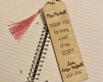 Personalized Teacher Bookmark: Laser Engraved Wood, End of Year Gift