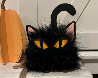 Black Halloween PomPom Cat / Halloween Decor / Pom-Pom cat / Fall Decor / Tiered tray decor / Mantle decorations /