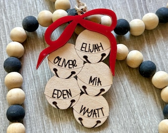 Personalized Family Christmas Ornament: Engraved Birch Wood Bell Keepsake