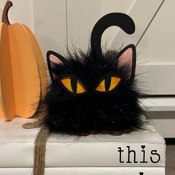 Fuzzy Black Cat Shelf Sitter: Halloween Tiered Tray Decor