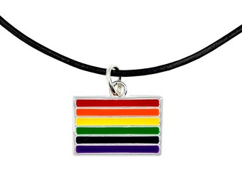 Gay Pride Rainbow Silver Plated Rectangle Charm Necklace