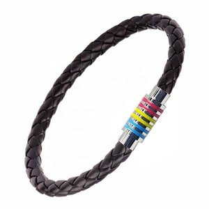 Pansexual Black Leather Bracelet (With Silver Stainless Steel Magnetic Clasp)