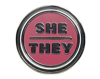 Pronoun She/They Round Metal & Enamel Pin (Red)