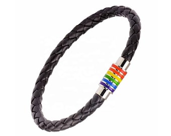 Gay Pride Rainbow Black Leather Bracelet (With Silver Stainless Steel Magnetic Clasp)