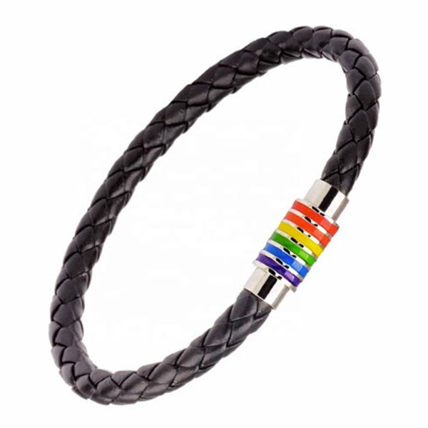 Gay Pride Rainbow Black Leather Bracelet (With Silver Stainless Steel Magnetic Clasp)