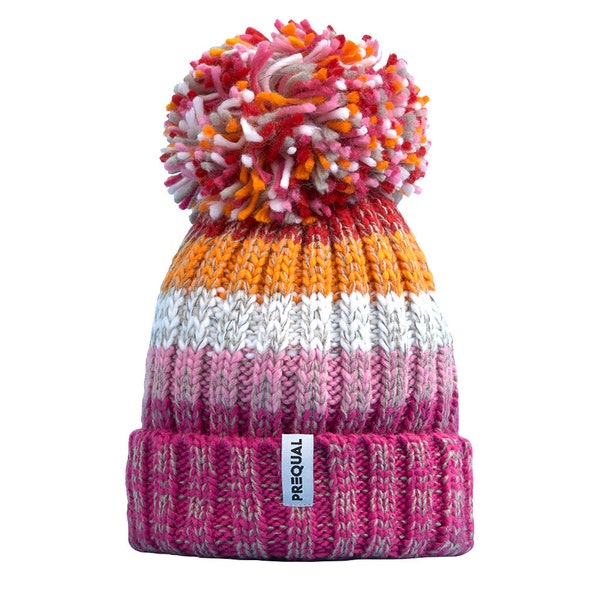 Luxury Super Sherpa Reflective Bobble Hat - Lesbian Flag Colours