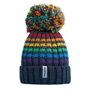 Luxury Super Sherpa Reflective Bobble Hat - Gay Pride Rainbow (Midnight Blue)
