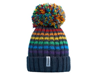 Luxury Super Sherpa Reflective Bobble Hat - Gay Pride Rainbow (Midnight Blue)