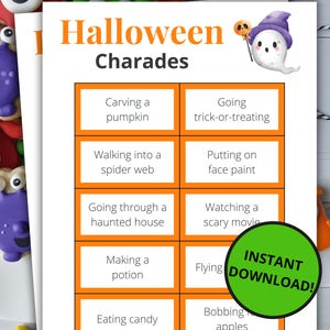 May include: A white Halloween Charades game card with orange borders and text. It features a cartoon ghost wearing a purple hat and holding a lollipop. The card lists ten activities including Carving a pumpkin, Going trick-or-treating, and Eating candy.
