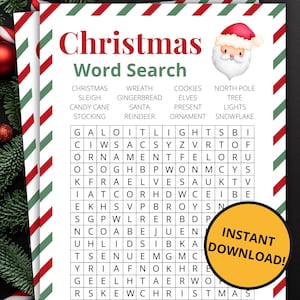 Puede incluir: Una hoja de juego de sopa de letras navide&ntilde;a con un borde de rayas diagonales rojas y verdes. El t&iacute;tulo dice Christmas Word Search, con una ilustraci&oacute;n de Santa Claus, una lista de palabras, una cuadr&iacute;cula de letras y una insignia naranja Instant Download.