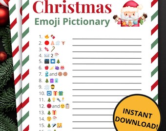 Puede incluir: Una hoja de juego Pictionary de emojis navideños con un borde de rayas diagonales rojas y verdes. La página incluye el título, una ilustración de Santa Claus y una lista numerada de dieciocho secuencias de emojis con líneas.