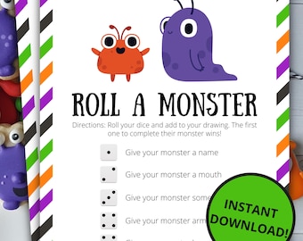 Könnte beinhalten: Ein Roll a Monster Spielblatt mit weißem Hintergrund, einem bunten gestreiften Rand und Illustrationen eines kleinen orangefarbenen Monsters und eines größeren lila Monsters. Der Text enthält Anweisungen und eine Liste von Würfelzahlen.