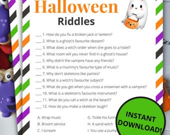 May include: A printable Halloween Riddles game sheet featuring a white ghost holding an orange jack-o'-lantern bucket. The border has diagonal stripes of purple, green, orange, and black. It includes twelve numbered riddles and lettered answers.