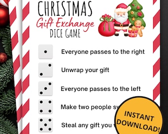 Könnte beinhalten: Eine Weihnachtswichtel-Würfelspiel-Karte mit rot-weiß gestreiften Rändern. Sie enthält eine Illustration vom Weihnachtsmann, einen Lebkuchenmann und eine Liste mit sechs Würfelanweisungen. Ein gelber Kreis trägt die Aufschrift INSTANT DOWNLOAD.