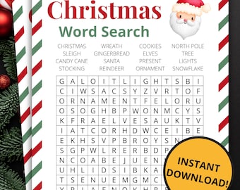 Puede incluir: Una hoja de juego de sopa de letras navideña con un borde de rayas diagonales rojas y verdes. El título dice Christmas Word Search, con una ilustración de Santa Claus, una lista de palabras, una cuadrícula de letras y una insignia naranja Instant Download.