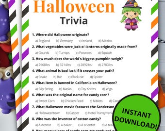 May include: A Halloween trivia game sheet with a striped border in orange, purple, black, and white. The page features ten multiple-choice questions, a cartoon witch illustration, and the text Riverbridge Designs - Instant Download.