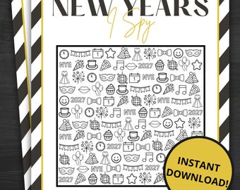 May include: A New Years I Spy game sheet featuring a black and white grid of holiday icons like party hats, clocks, and disco balls. The border has black and white diagonal stripes with gold accents. Text includes NEW YEARS, I Spy, and INSTANT DOWNLOAD.