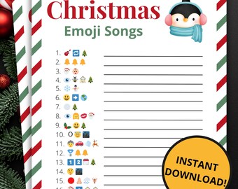 Puede incluir: Una hoja de juego imprimible Christmas Emoji Songs con un borde a rayas rojas y verdes. La página presenta una lista numerada de dieciocho secuencias de emojis, una ilustración de pingüino y un círculo amarillo con el texto INSTANT DOWNLOAD.