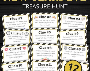 May include: A printable New Year's Eve treasure hunt game featuring 12 individual clue cards with black and white striped borders and gold accents. Each card contains numbered text, festive icons like party hats and fireworks, and interactive puzzles.