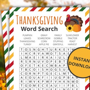 Thanksgiving Word Search | Printable Thanksgiving Game | Thanksgiving Activity For Kids and Adults | Classroom Game - Turkey
