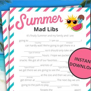 Summer Mad Libs | Printable Summer Game | Summer Activity for Kids and Adults | Summer Vacation | Family Activities for Summer Break