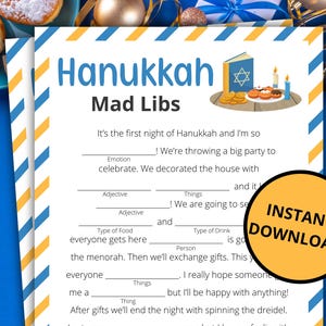 May include: A Hanukkah Mad Libs game sheet with blue and yellow accents. The text includes fill-in-the-blank prompts and the words "Hanukkah" and "Mad Libs." A circular "Instant Download" sticker is on the right.