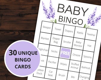 Baby Shower Bingo | Baby Shower Games | Printable Activities | Instant Download | Baby Bingo Game | 30 Baby Shower Bingo Cards | Lavender