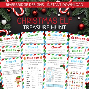 May include: A Christmas Elf treasure hunt game with 12 colorful cards featuring clues and puzzles. The cards have a red and green color scheme with a festive Christmas theme.