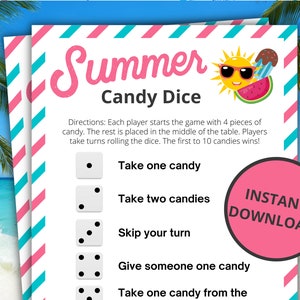 Sommer Candy Würfelspiel | Druckbares Sommerspiel | Sommeraktivität für Kinder und Erwachsene | Sommerurlaub | Familienaktivitäten für die Sommerferien