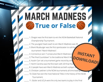 March Madness Trivia Game | Printable March Madness Game For Kids and Adults | NCAA Men's Basketball Championship | True or False Game