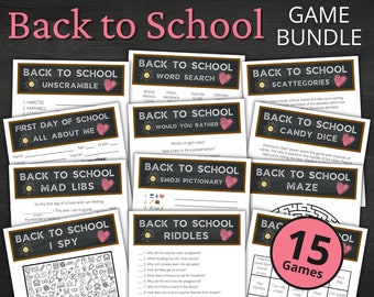 Pacote de jogos de volta às aulas | Jogos e atividades para impressão para crianças | Primeiro dia de atividade escolar | Jogos quebra-gelo para estudantes