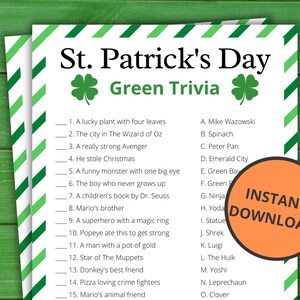 St. Patrick&#39;s Day Green Trivia | St Patrick&#39;s Party Games | St. Patty&#39;s Activity For Kids and Adults | Virtual and Printable Party Games