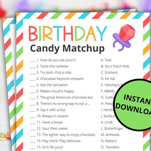Birthday Candy Matchup | Printable Birthday Party Game | Birthday Activity For Kids and Adults | Birthday Game | Family and Classroom Game