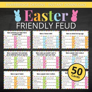 May include: A printable Easter-themed game for two teams. The game is called "Friendly Feud" and features 50 cards with questions about Easter traditions, candy, animals, and more. The cards are colorful and feature a striped design.
