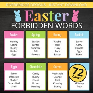 May include: A set of 72 Easter-themed word search cards with pink, green, orange, and blue backgrounds. The cards feature words related to Easter, such as bunny, eggs, basket, and spring. The text "72 Cards" is printed in black on a yellow circle.