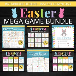 May include: A set of printable Easter games for a party or gathering. The games include a friendly feud, a 5 second game, a treasure hunt, and a forbidden words game. The games are decorated with pastel colors and bunny graphics.