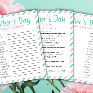 May include: Three printable Mother's Day game cards with pink and blue stripes. The first card is a word scramble with the title "Mother's Day Unscramble". The second card is a trivia game with the title "Mother's Day Trivia". The third card is a multiple choice game with the title "Mother's Day Around the World".