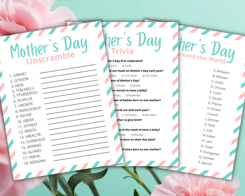 May include: Three printable Mother's Day game cards with pink and blue stripes. The first card is a word scramble with the title "Mother's Day Unscramble". The second card is a trivia game with the title "Mother's Day Trivia". The third card is a multiple choice game with the title "Mother's Day Around the World".