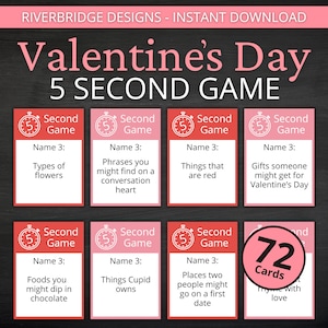 Valentinstag 5 Sekunden Spiel | Druckbare Valentinstag Aktivität für Kinder und Erwachsene | Galentine's Day Gesellschaftsspiel