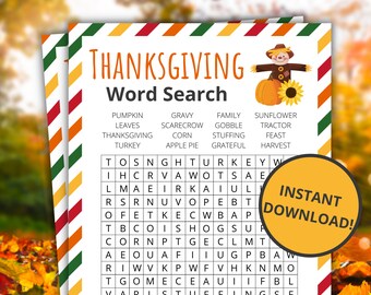 Thanksgiving Word Search | Printable Thanksgiving Game | Thanksgiving Activity For Kids and Adults | Classroom Game - Scarecrow