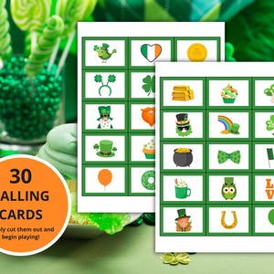May include: Thirty green and white calling cards with various St. Patrick's Day themed images, including a leprechaun, a pot of gold, a shamrock, and a four-leaf clover. The text "30 Calling Cards" and "Simply cut them out and begin playing!" is printed on the cards.