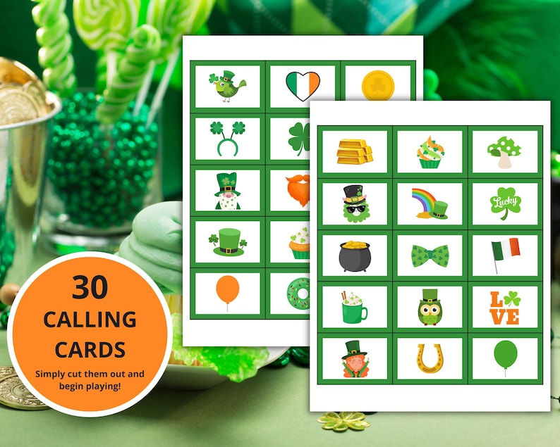 May include: Thirty green and white calling cards with various St. Patrick's Day themed images, including a leprechaun, a pot of gold, a shamrock, and a four-leaf clover. The text "30 Calling Cards" and "Simply cut them out and begin playing!" is printed on the cards.