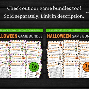 May include: A printable Halloween game bundle with 16 games, including Mad Libs, Word Search, Unscramble, Phobia Matchup, Would You Rather, Riddles, Trivia, Emoji Pictionary, Scattegories, I Spy, and Candy Matchup. The games are designed with a Halloween theme and feature orange, black, and white colors.