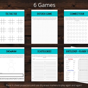 May include: A set of six printable dry-erase game boards for kids. The games include Tic Tac Toe, Dot Box Game, Connect Four, Snowman, Scattegories, and Battleship. The boards are designed with a blue and white color scheme and have instructions for each game.