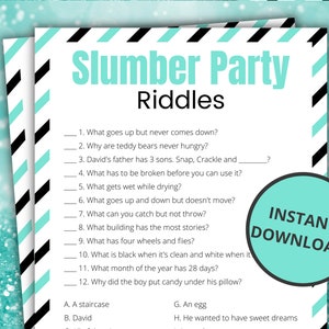 Slumber Party Riddles | Printable Sleepover Games for Kids and Teens | Pajama Party Activities | Birthday Party Sleepover Games  - Mint
