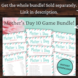 Peut inclure: Un ensemble de dix cartes de jeu imprimables pour la f&ecirc;te des m&egrave;res avec des rayures roses et turquoise. Les jeux comprennent des devinettes, une recherche de mots, des c&eacute;l&eacute;brit&eacute;s mamans, des questions de culture g&eacute;n&eacute;rale, pr&eacute;f&eacute;rerait-elle, qui conna&icirc;t le mieux maman, d&eacute;m&ecirc;ler, mots crois&eacute;s et des mamans c&eacute;l&egrave;bres de la t&eacute;l&eacute;vision.