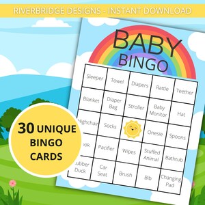 Baby Shower Bingo | Baby Shower Games | Printable Activities | Instant Download | Baby Bingo Game | 30 Baby Shower Bingo Cards | Rainbow