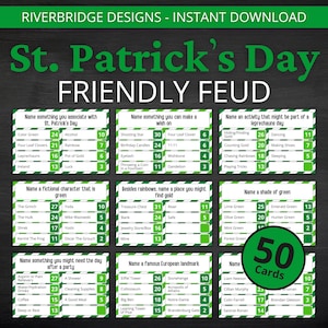 May include: A set of 50 green and white cards with a St. Patrick's Day theme. The cards feature various prompts for a friendly feud game.  The prompts include questions about St. Patrick's Day, Ireland, and the color green.